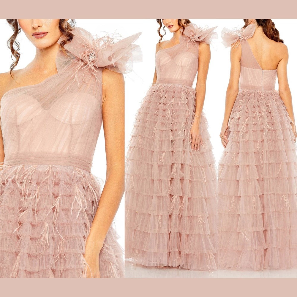 NWT Mac Duggal [ 10 ] 20447 One Shoulder Bow Feather Tiered A Line Gown J1609‎